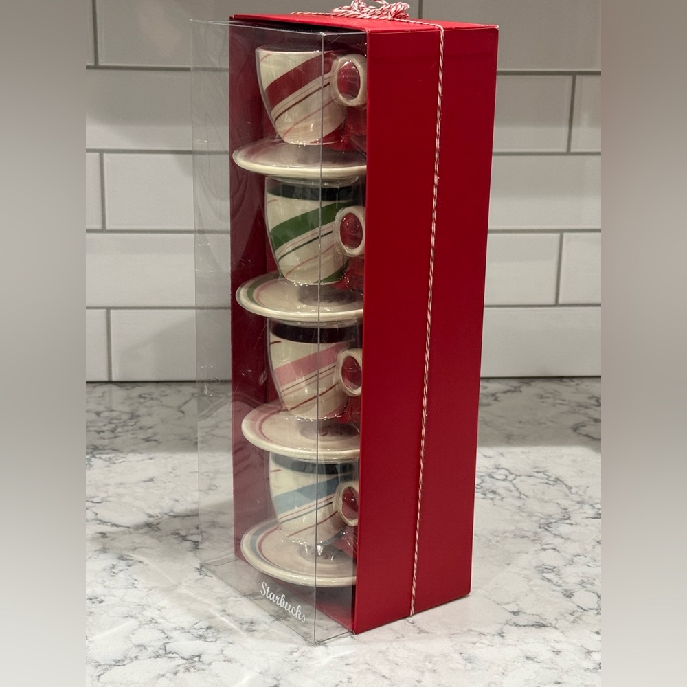 Starbucks 2007 Holiday Espresso Mugs Saucer Plates Candy Stripe Set of 4 - Picture 7 of 8